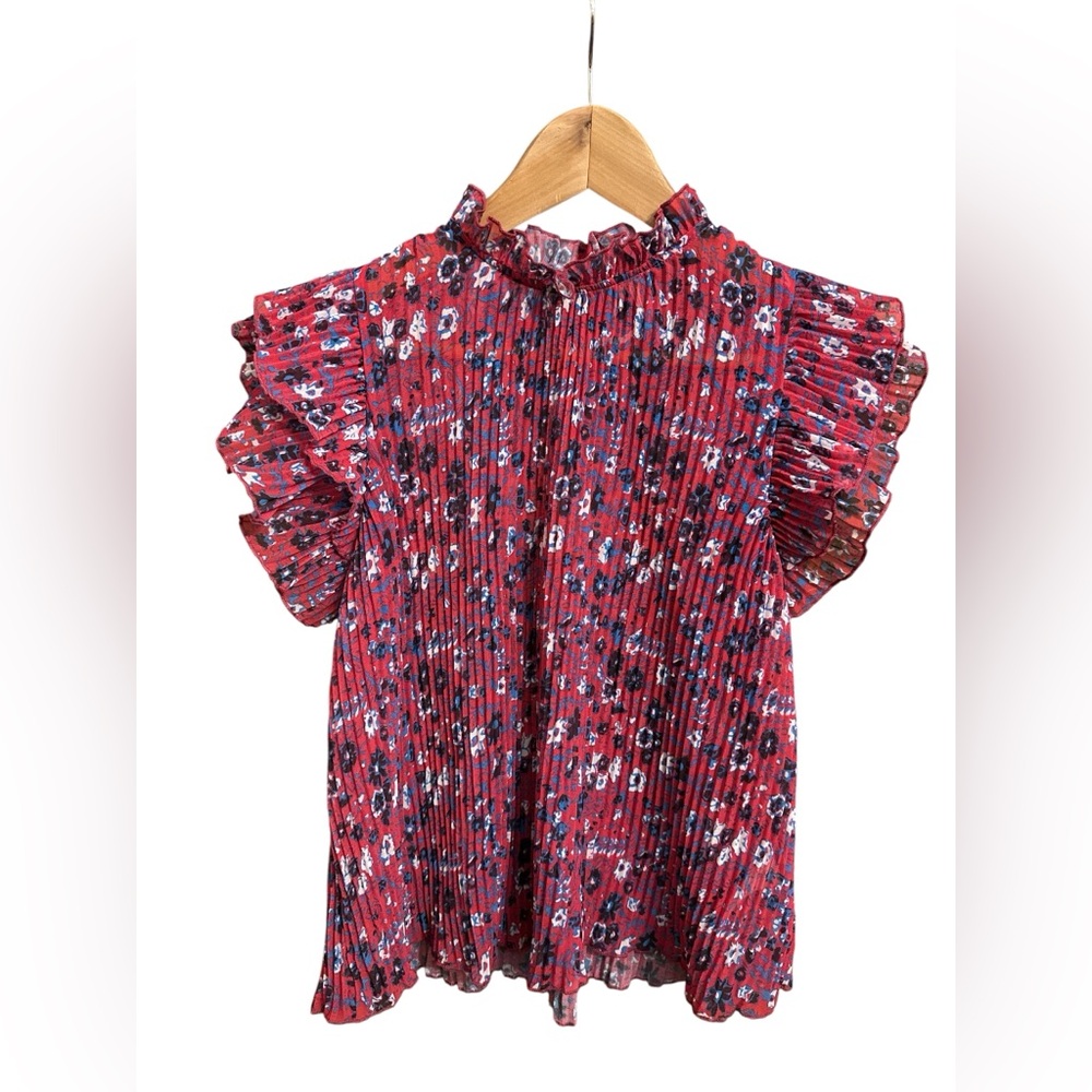 Anthropologie Pink Floral Freida Pleated Ruffle Blouse Size XS Oversized